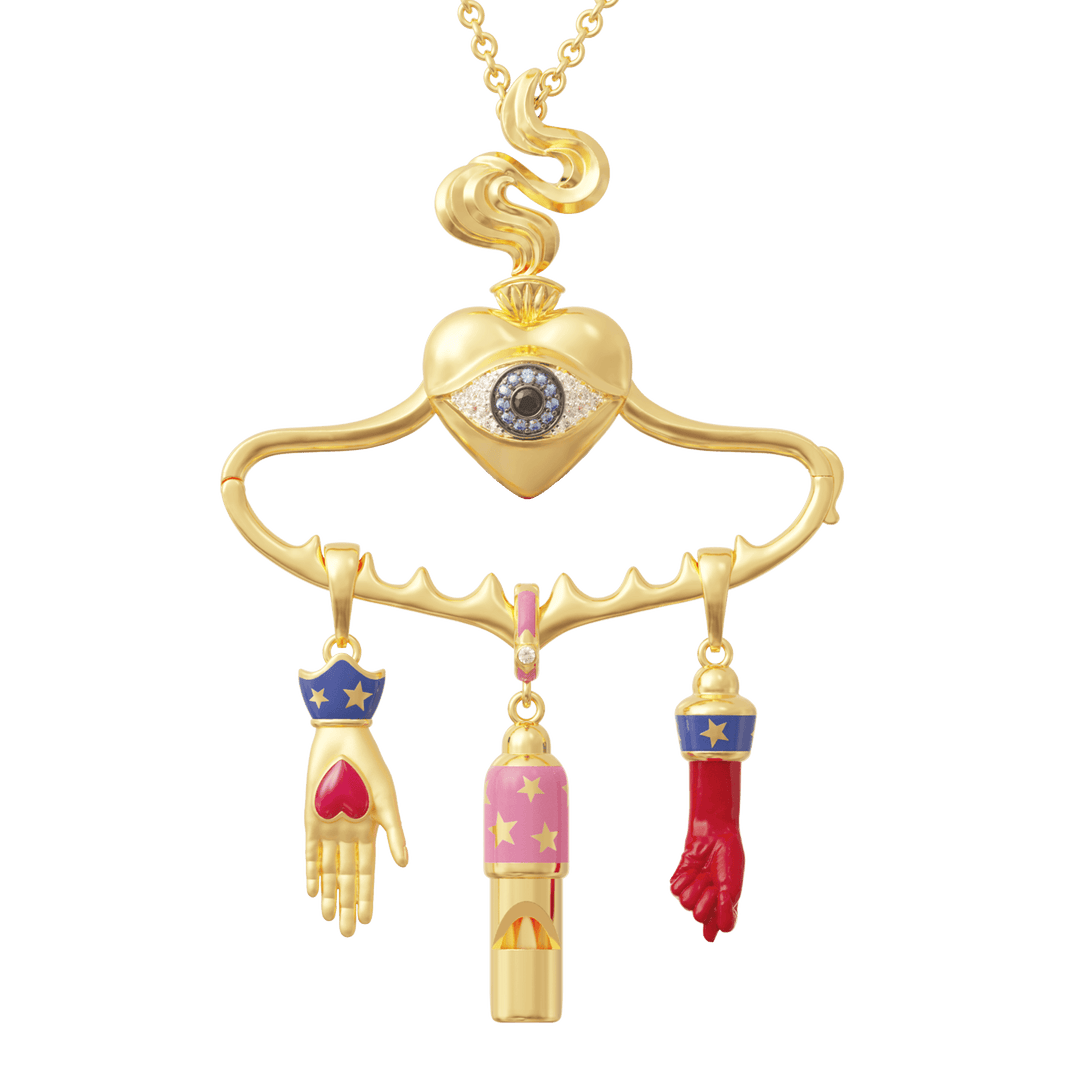 Gold necklace with heart-shaped pendant and three dangling charms