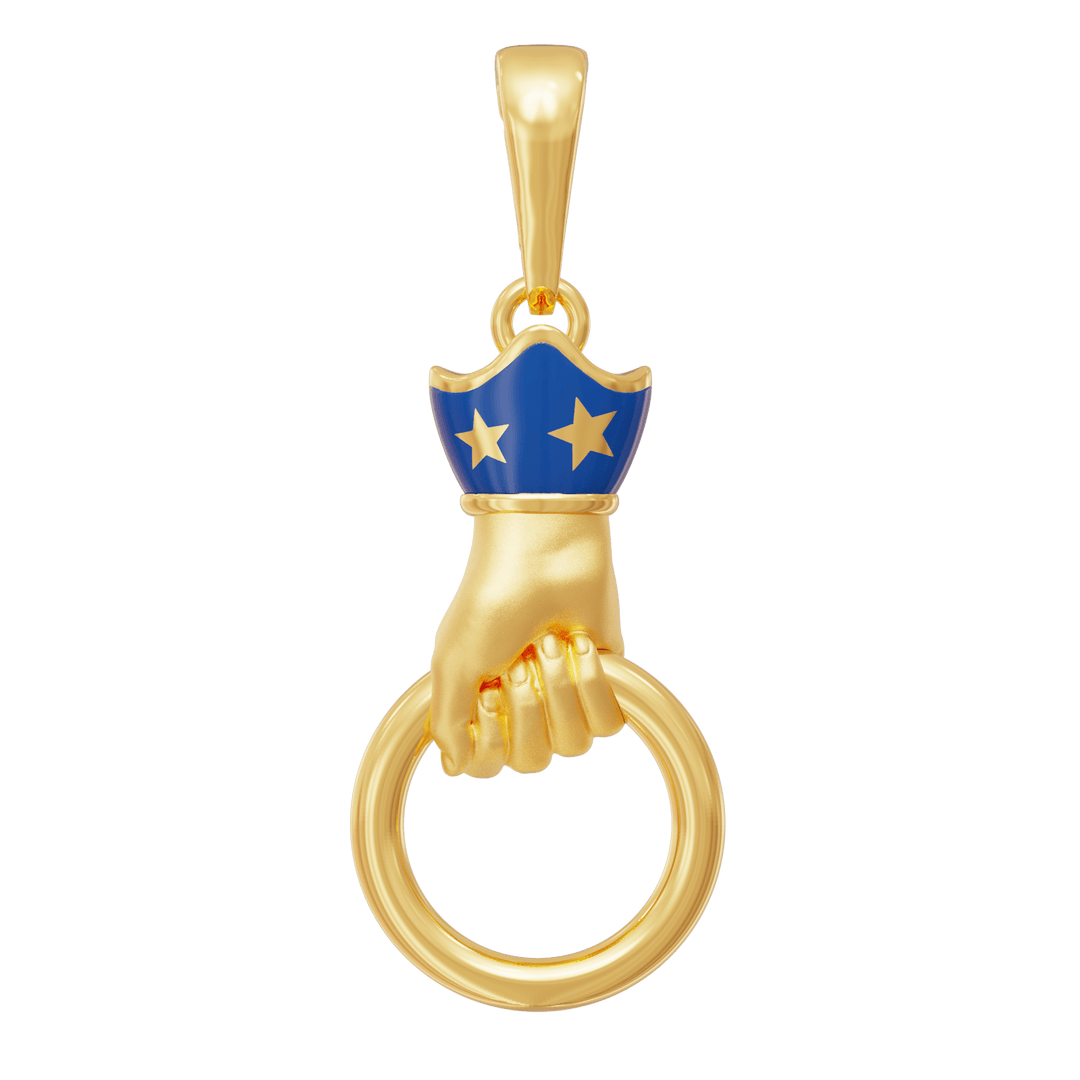 Gold pendant with a hand holding a hoop