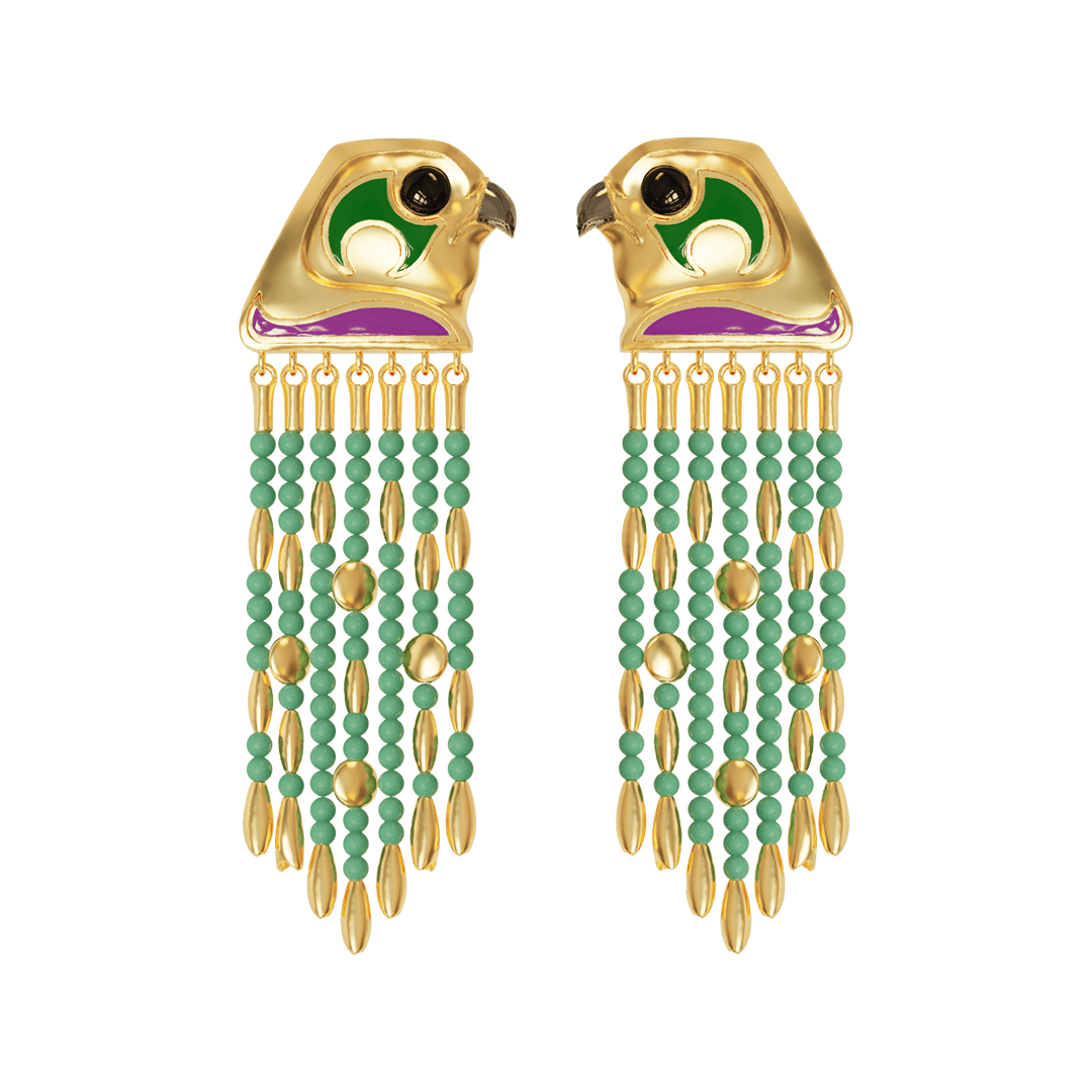Gold and green beaded earrings on a dark blue background