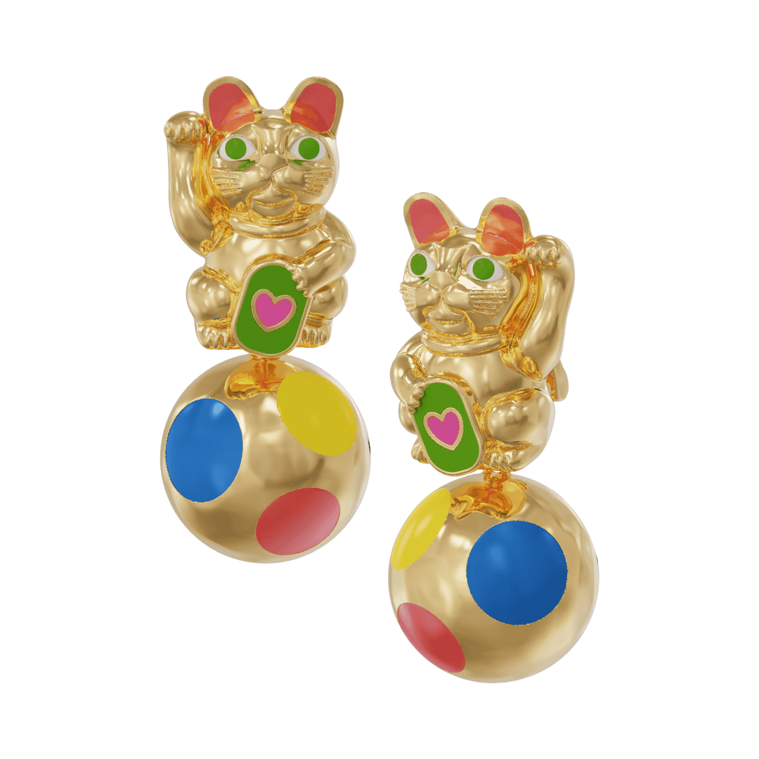 Gold cat-shaped earrings with colorful polka dot balls