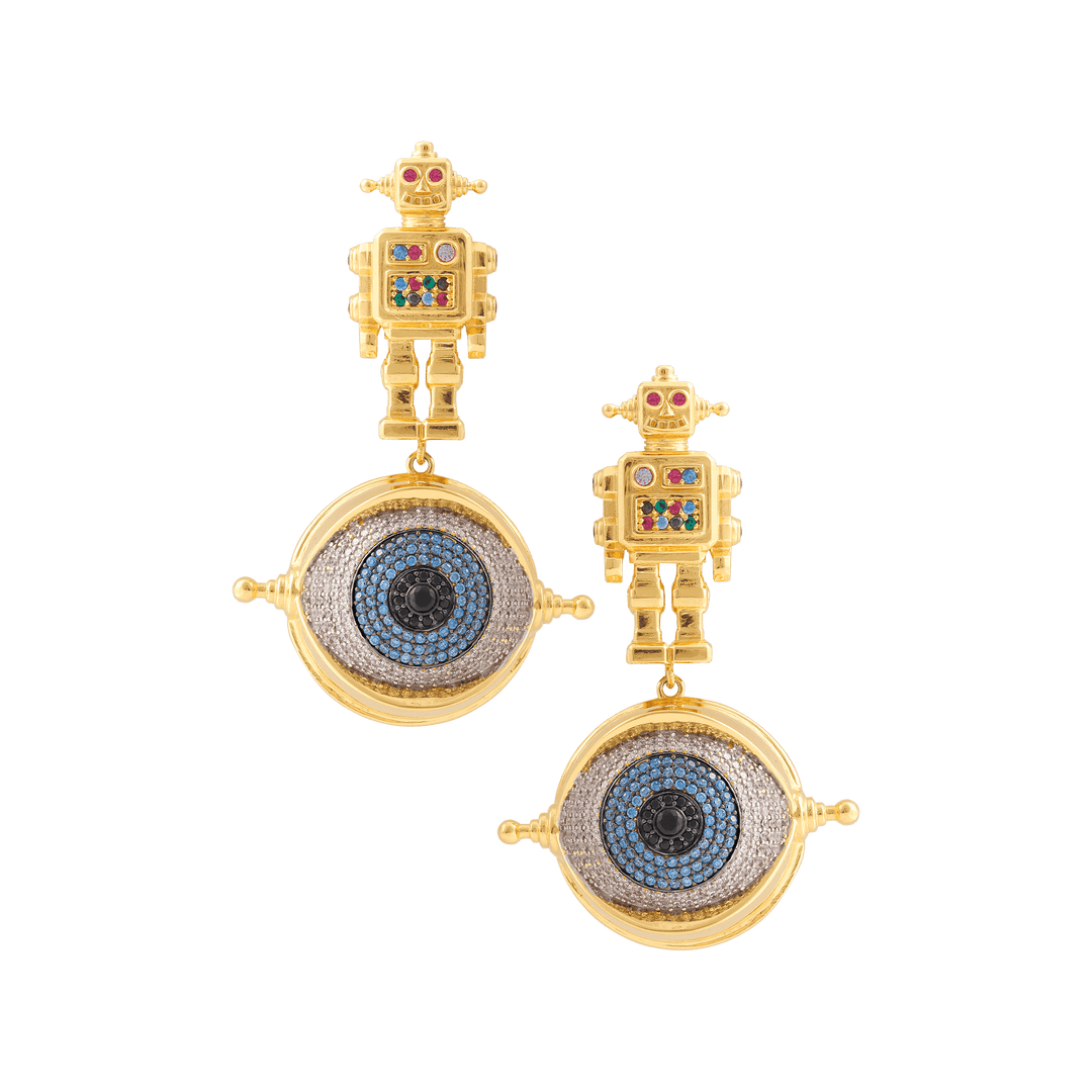 Pair of robot-themed earrings with eye design