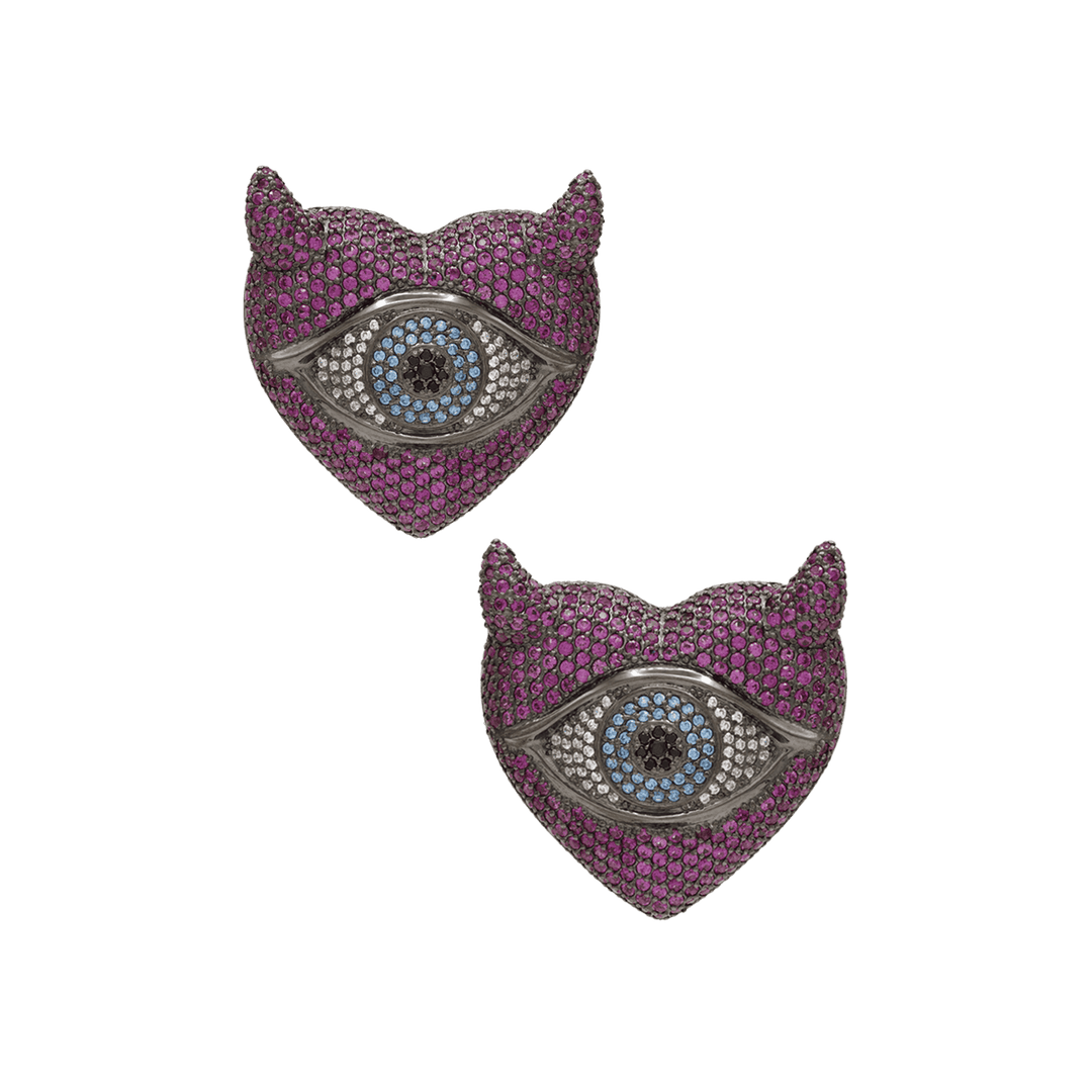 Pair of purple horn-shaped earrings with eye design