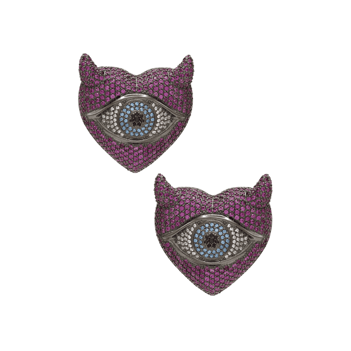 Pair of purple horn-shaped earrings with eye design