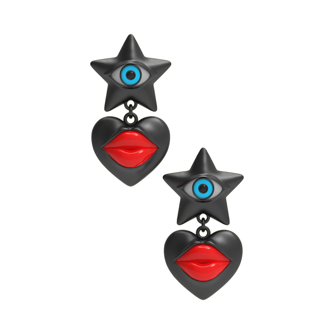 Pair of earrings with star and heart designs on a dark background