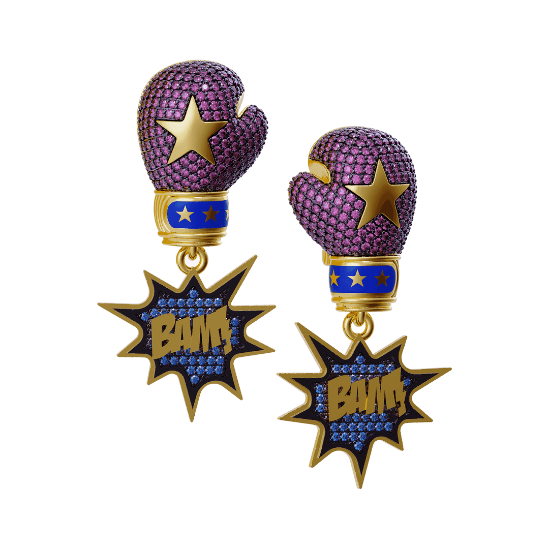 Purple boxing glove earrings with 'BAM' star charms
