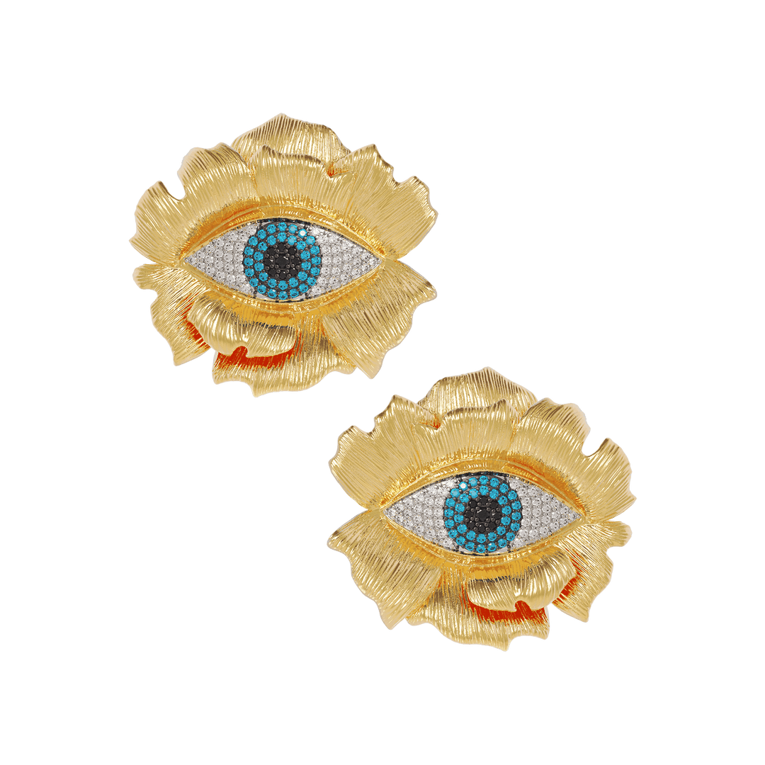 Pair of gold flower shaped earrings with eye design