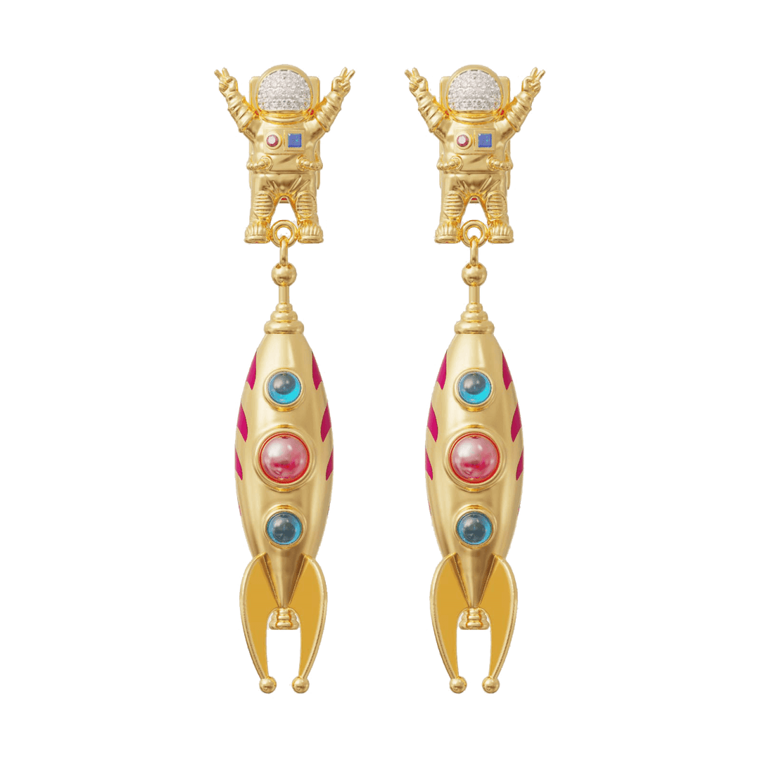 Gold spaceship-shaped earrings with spaceship charms