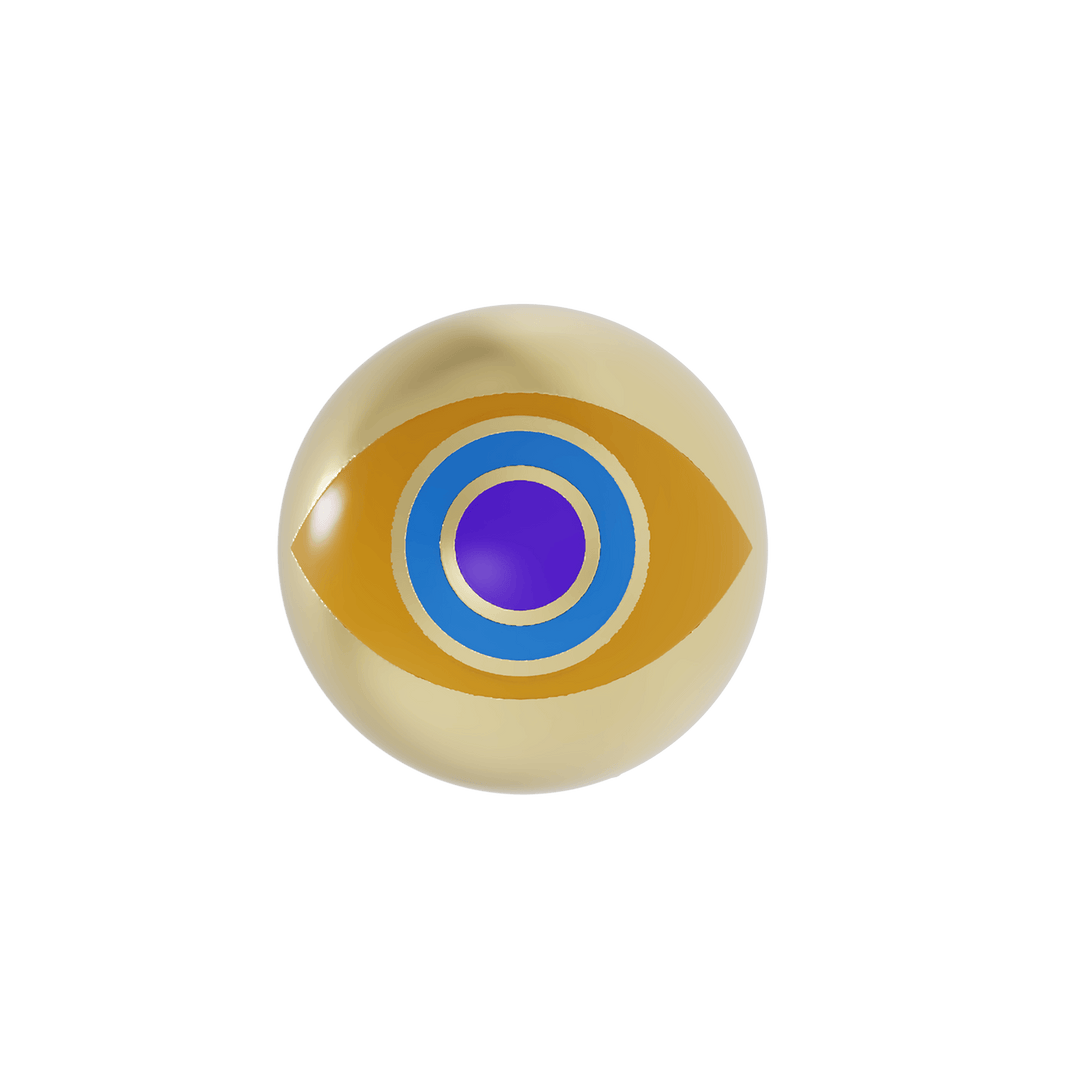 Gold ball earring with eye design featuring yellow, blue, and purple enamel
