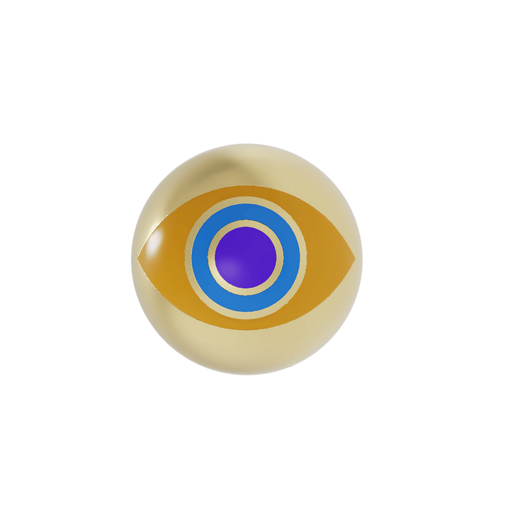 Gold ball earring with eye design featuring yellow, blue, and purple enamel