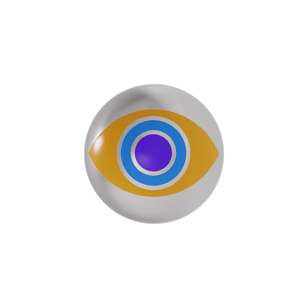 Silver ball earring with eye design featuring yellow, blue, and purple enamel