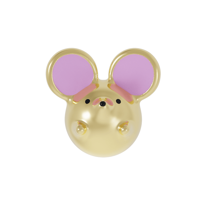 Gold mouse-shaped earring with pink enamel ears 