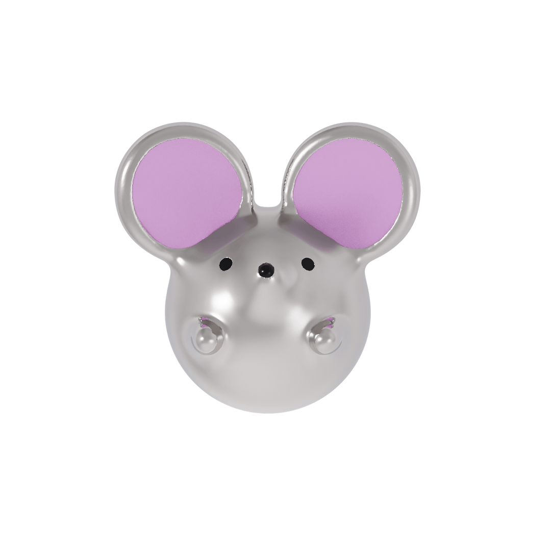 Silver tone mouse-shaped earring with pink enamel ears