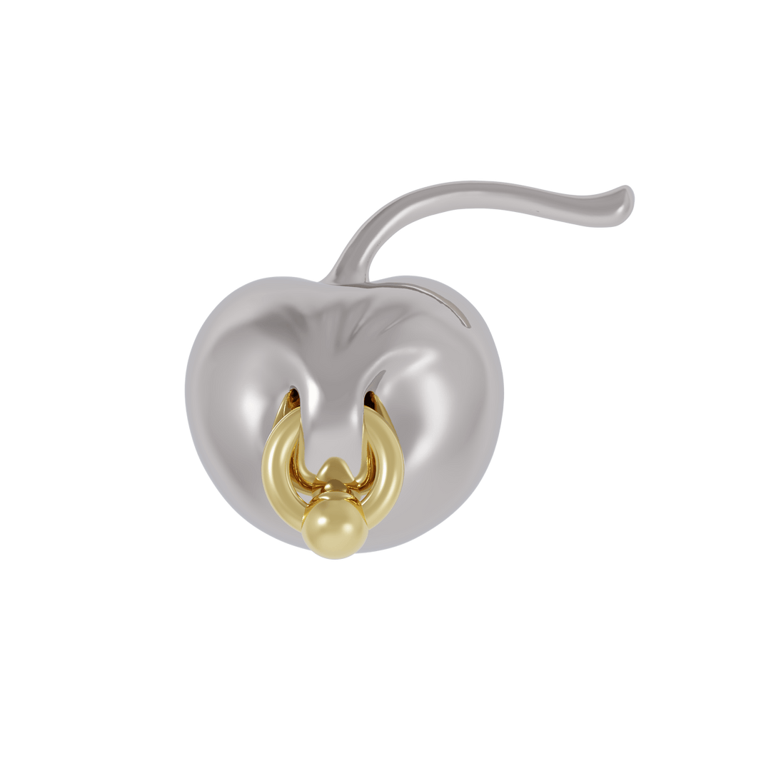 Cherry chaped silver earring with a piercing on it