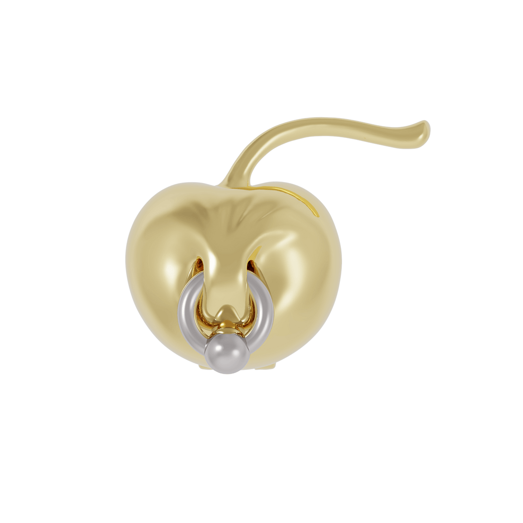 Cherry chaped gold earring with a piercing on it