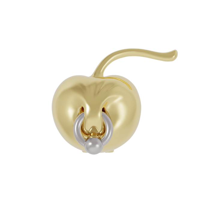 Cherry chaped gold earring with a piercing on it