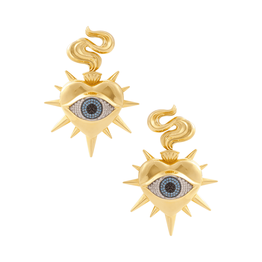 Gold earrings with heart and eye design 
