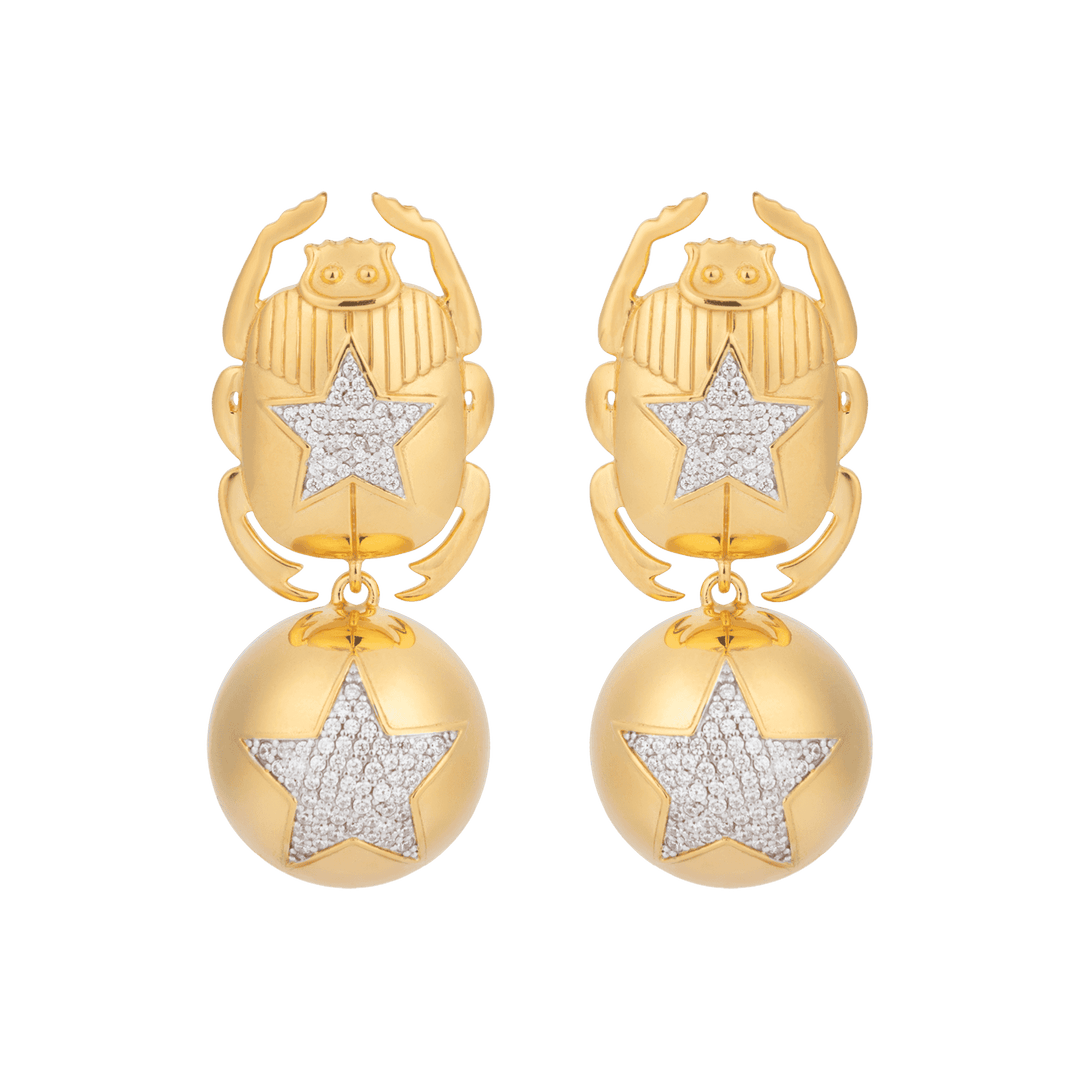 Gold scarab beetle earrings with star-shaped diamonds with gold balls