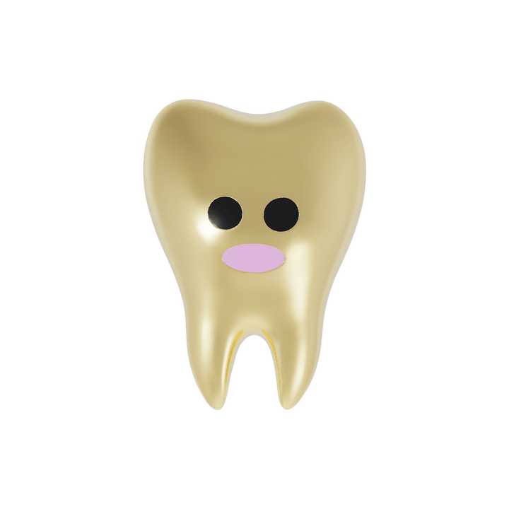 Gold Tooth character earring with black eyes and a pink smile