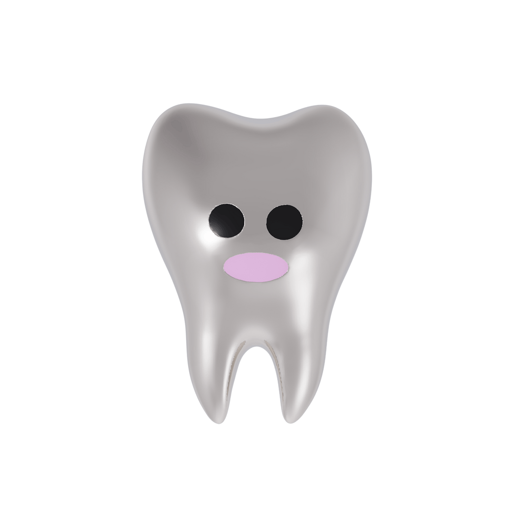 Silver Tooth character earring with black eyes and a pink smile